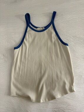 Ribbed Cream Tank with Blue Trim